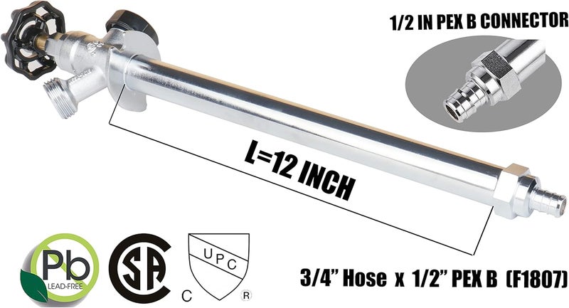 WHK 12 Inch Frost Anti-Siphon Sillcock 1/2 Inch PEX B X 3/4 Inch Hose Bibb,Frost Proof Outdoor Faucet Bib with Vacuum Breaker-Frost Free Spigot PEX Crimp Connection(Brass) - Image 4